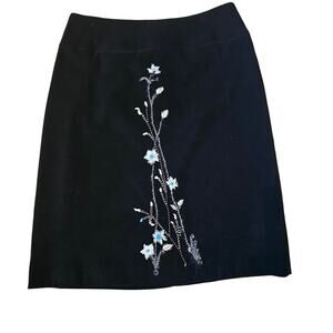 Alfani Black Suede Skirt with Blue Floral Embroidery Size 12